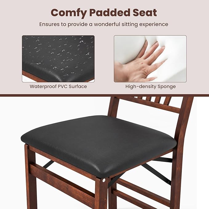 COSTWAY Folding Dining Chairs Set of 2, Upholstered Wooden Dining Room Chairs with PVC Padded Seat, Solid Wood Frame and 400LBS Capacity for Kitchen Apartment (Black & Brown)