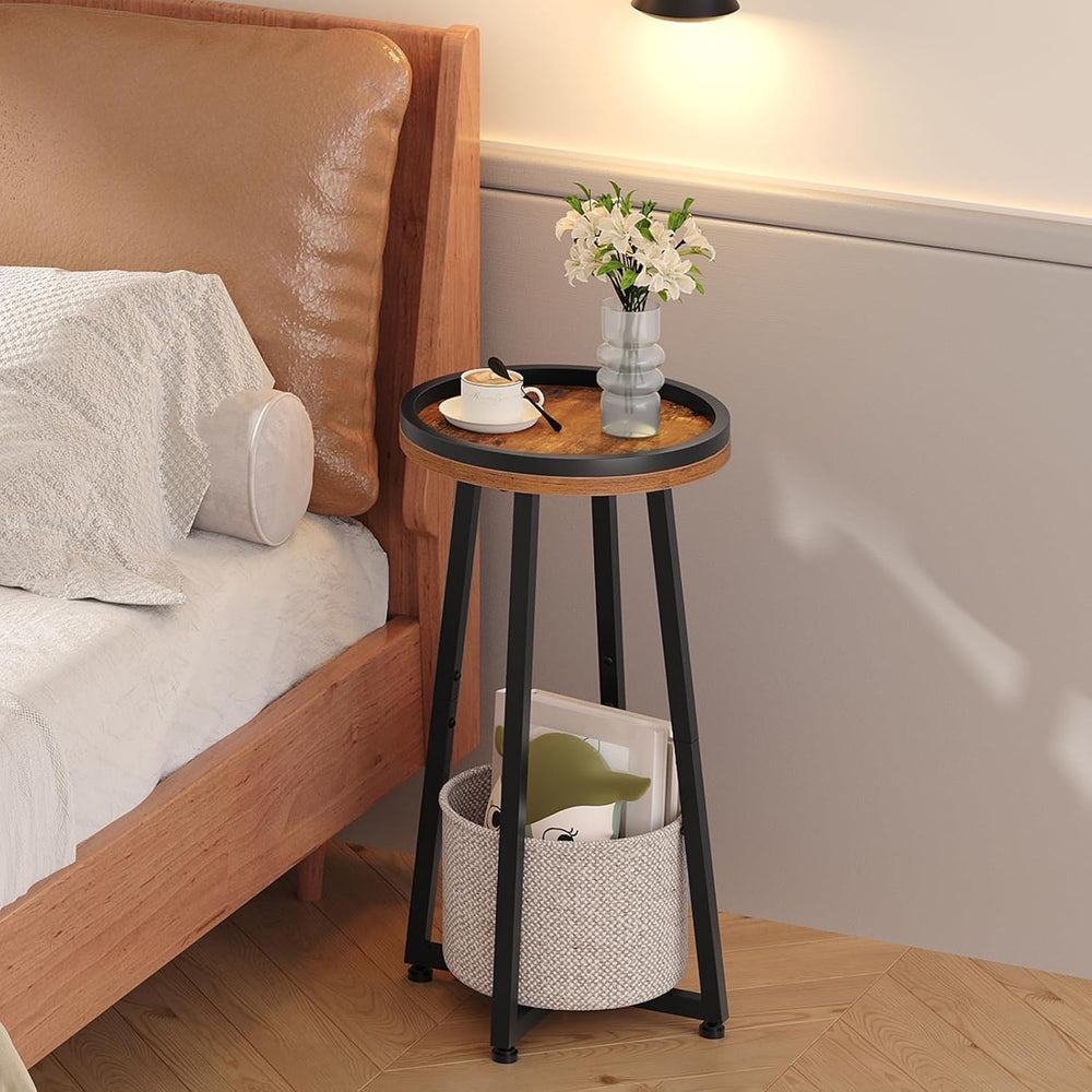 HOOBRO Small Round Side Table, 2-Tier Round Sofa End Table, Compact Nightstan...