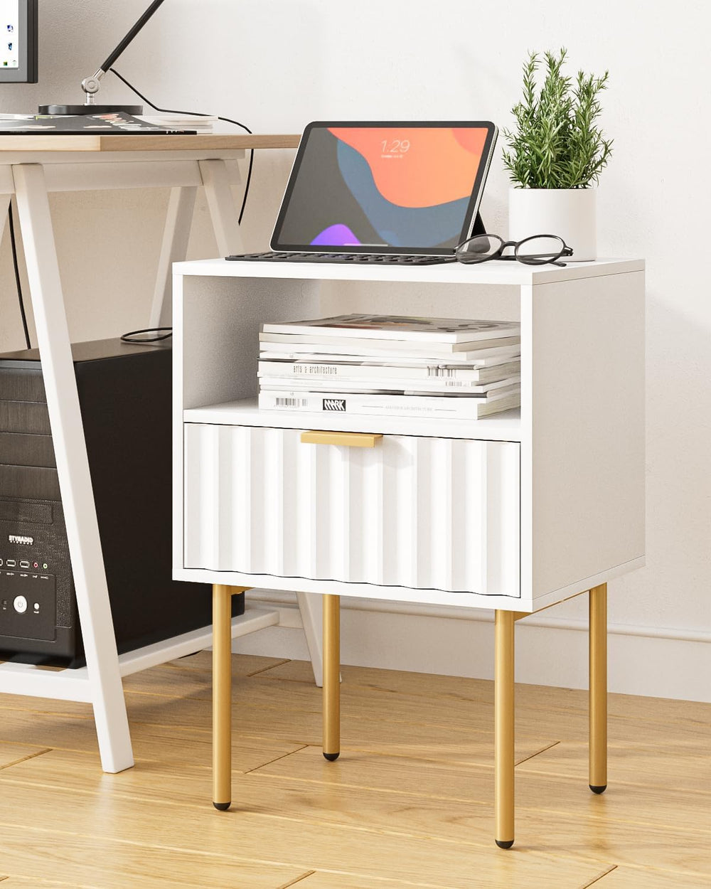 Night Stand,Modern Bedside Table with Drawer and Shelf,White Night Stand with...