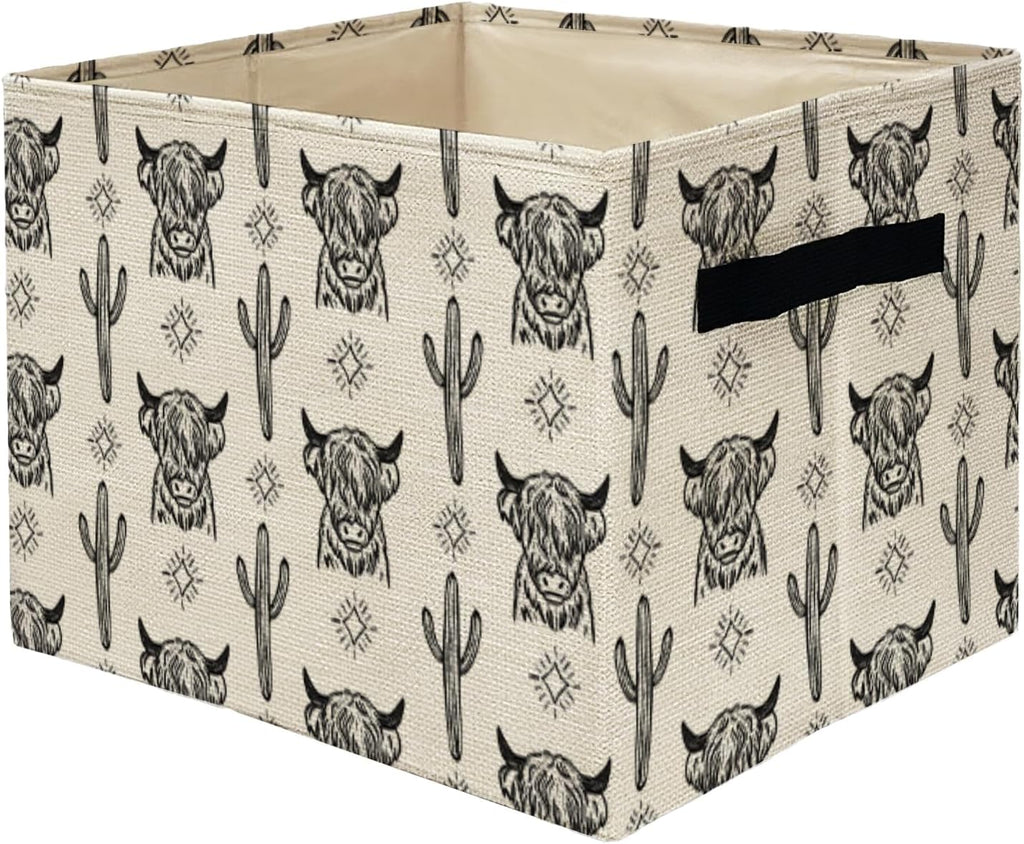 Western Highland Cow Storage Bins Box, Toybox for Boys Girls, Retro Western Cactus Cow Foldable Storage Baskets Organizer for Bedroom Bathroom Kids Room Dorm Clothes Toys Books