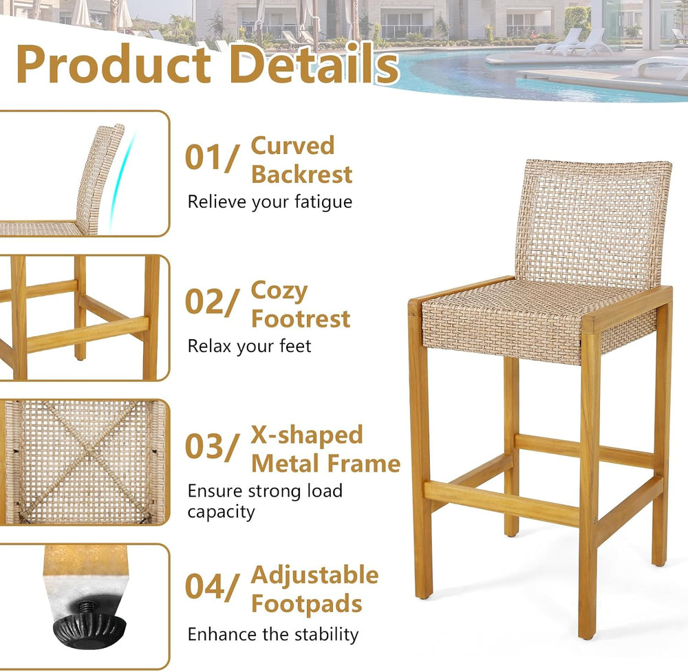 Tangkula Patio Wood Barstools Set of 2, PE Rattan Bar Height Chairs with Back...
