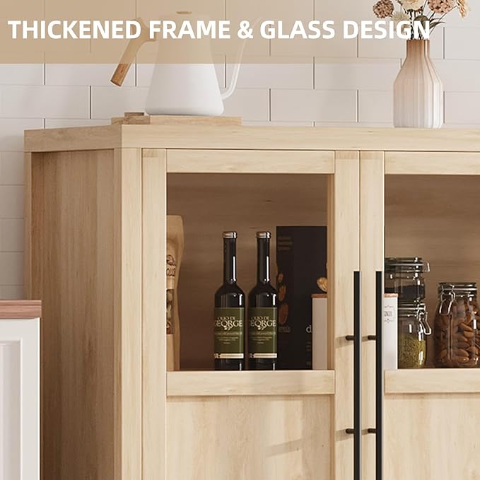 GarveeHome Sideboard Buffet Cabinet with 4 Glass Doors, 55" Buffet Table Coffee Bar Wine Bar Display Cabinet for Kitchen Dining Room, Living Room (Natrual, Glass with 4 Doors)