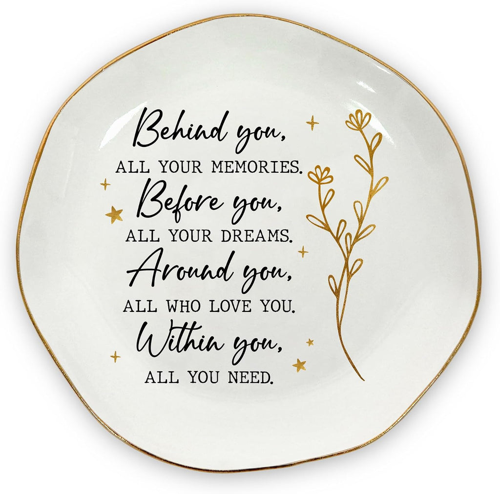 Graduation Gifts for Women Her - 4"x4" Ceramic Jewelry Dish Tray | Graduation Gift, Inspirational Gifts for Women, Ring Dish for Women, Gold Trim Design, Desk Vanity Decor, Polished Finish