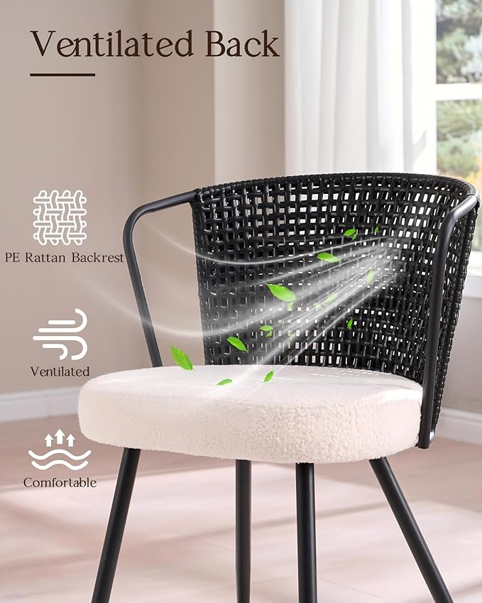 BedsPick Rattan Dining Chair Set of 4 - Farmhouse Upholstered Cane Back Kitchen Chair with Boucle Cushion, Wingback Dining Room Seat with Metal Legs for Home, Kitchen (Black)