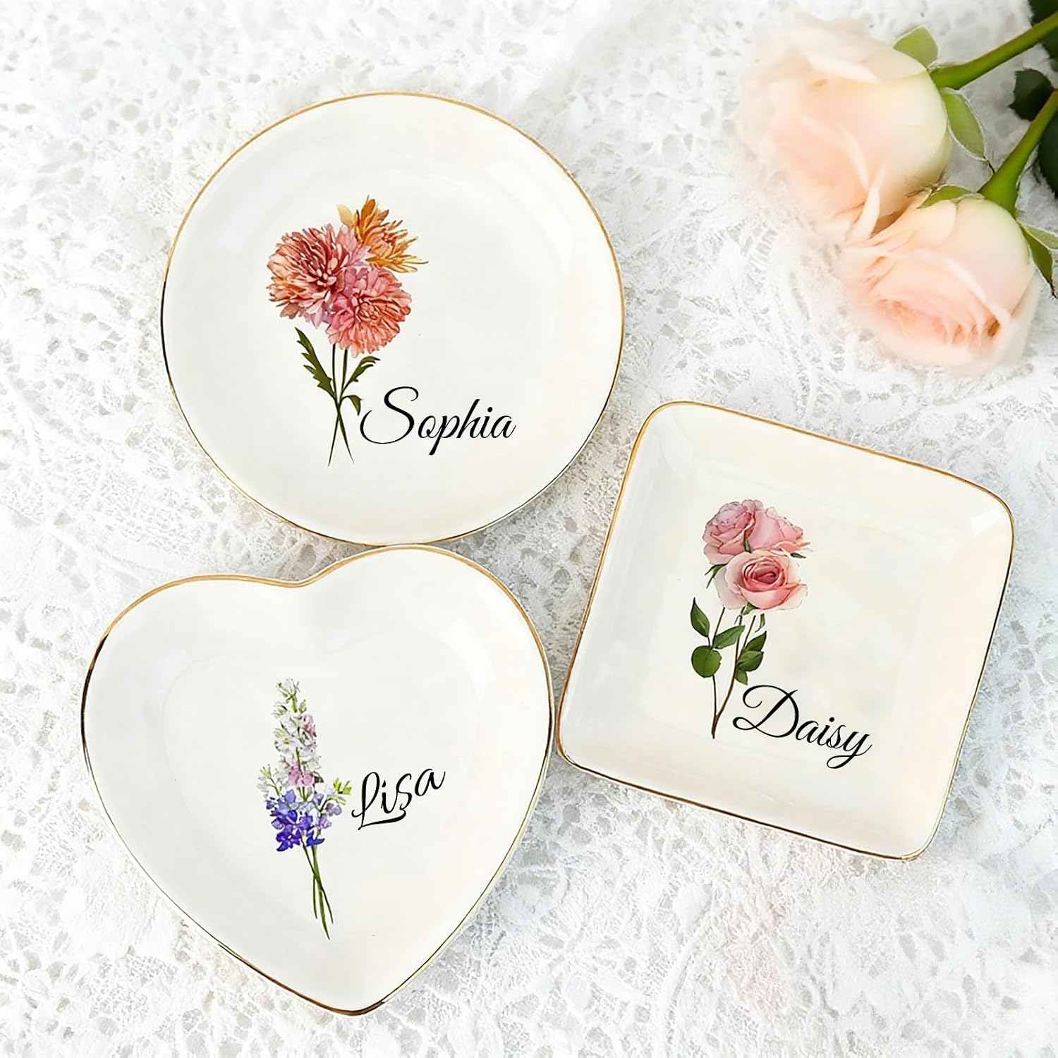 Personalized Birth Flower Jewelry Dish, Custom Floral Name Ring Dish, Trinket Tray for Women Bridesmaid Friends Gift for Birthday, Mother’s Day, Wedding