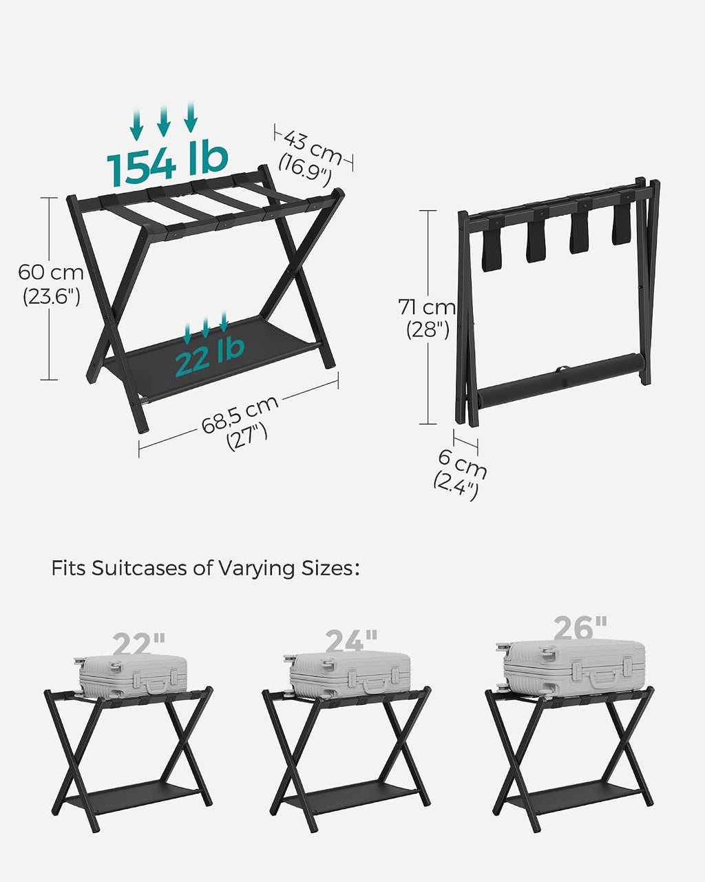 SONGMICS Luggage Racks for Guest Room, Set of 2, Suitcase Stand with Storage Shelf, Steel Frame, Foldable for Easy Storage, Hotel, Bedroom, Black URLR003B02