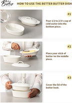 Butter Dish with Lid for Countertop - Porcelain White, 3pcs Large Butter Dish with Lid, Butter Keeper Container with Waterline Pefect for Daily Storage, Butter Holder with Handle - for Kitchen Decor