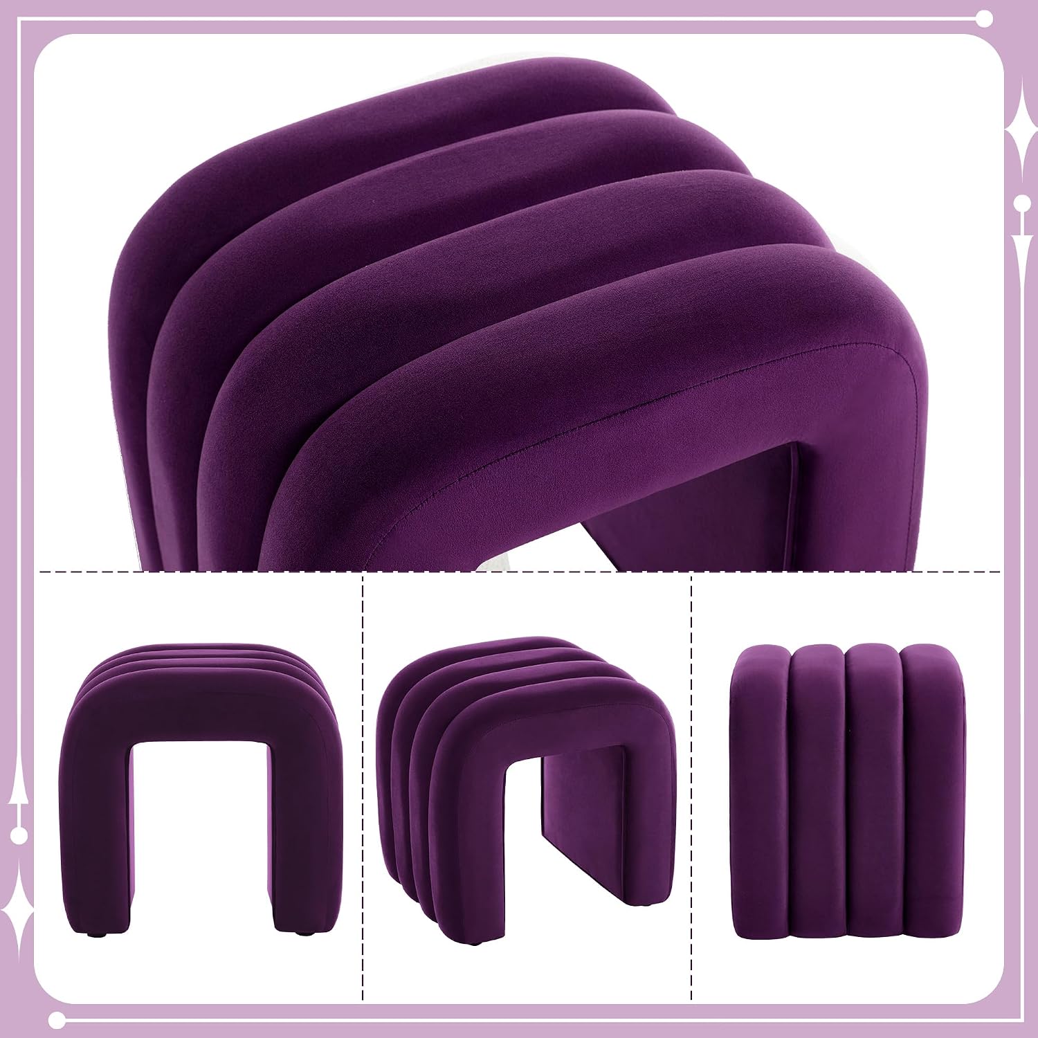 Flouki Velvet Vanity Stools, Multifunctional Arch Ottomans, Small Arch Ottoman, Ottomans for Bedroom, Dorm, Side Table Seat for Living Room, Entryway (Purple)