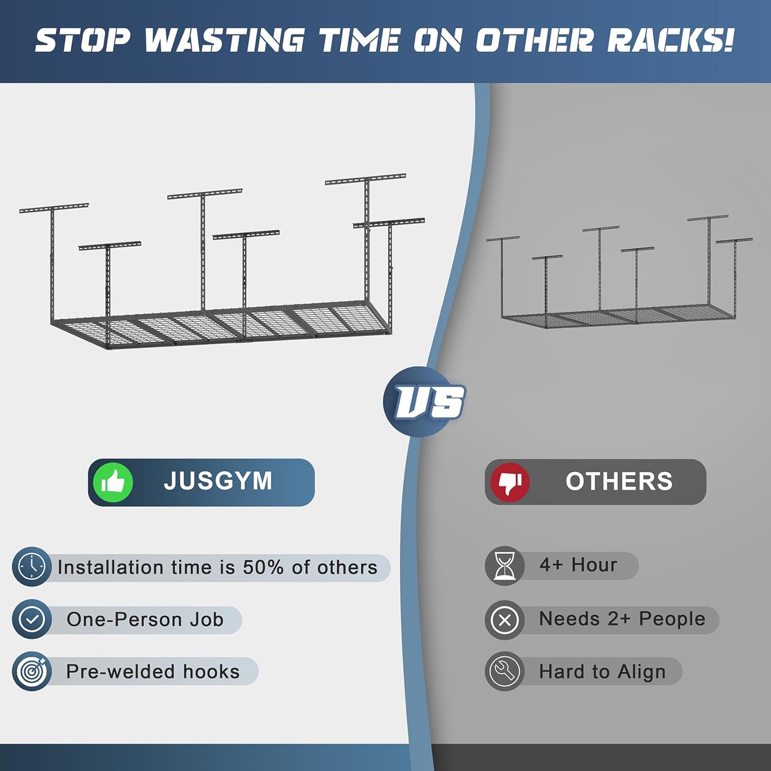 Jusgym 4X8FT Overhead Garage Storage Rack, 26"-40" Height Adjustable Garage Ceiling Storage Racks, Heavy Duty Metal Overhead Storage Organizer System, 750LBS Weight Capacity
