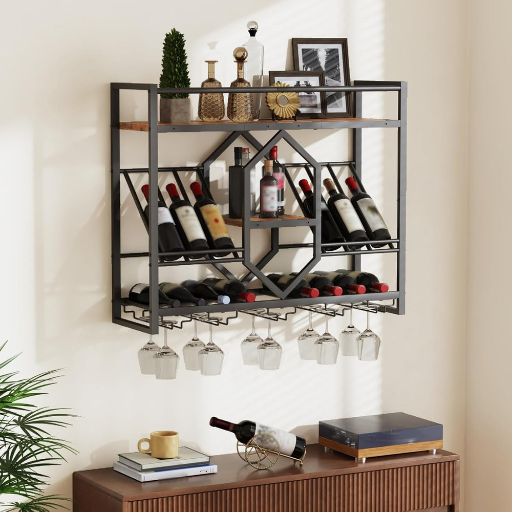 HOOBRO Wall Mounted Wine Rack with LED Light, 31.5" Wine Shelf, 3 Tier W...