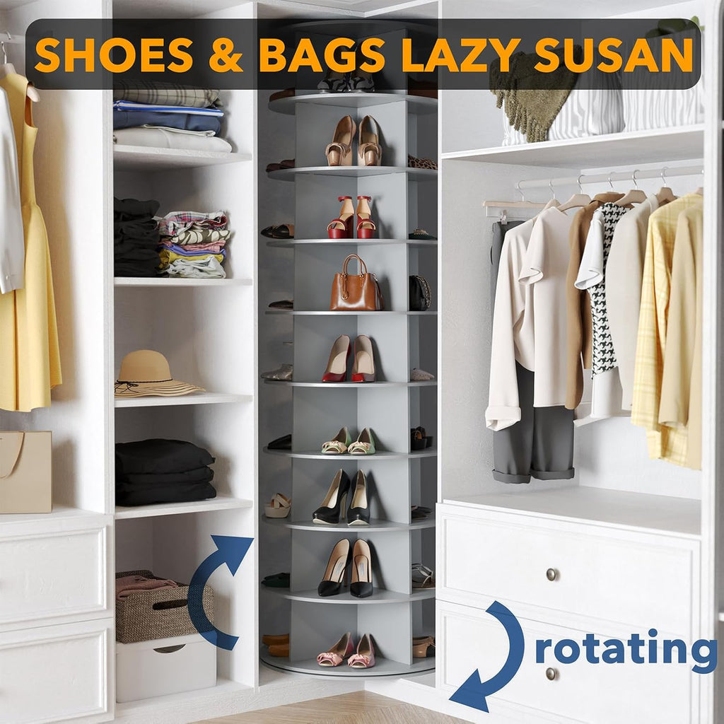 SpaceAid 9 Tier Rotating Shoe Rack Tower, Spinning Shoe Display Lazy Susan, Revolving 360 Shoe Rack Storage Round Carousel, Vertical Handbag Rotate Shoes Closet Organization (9-Tier Gray)