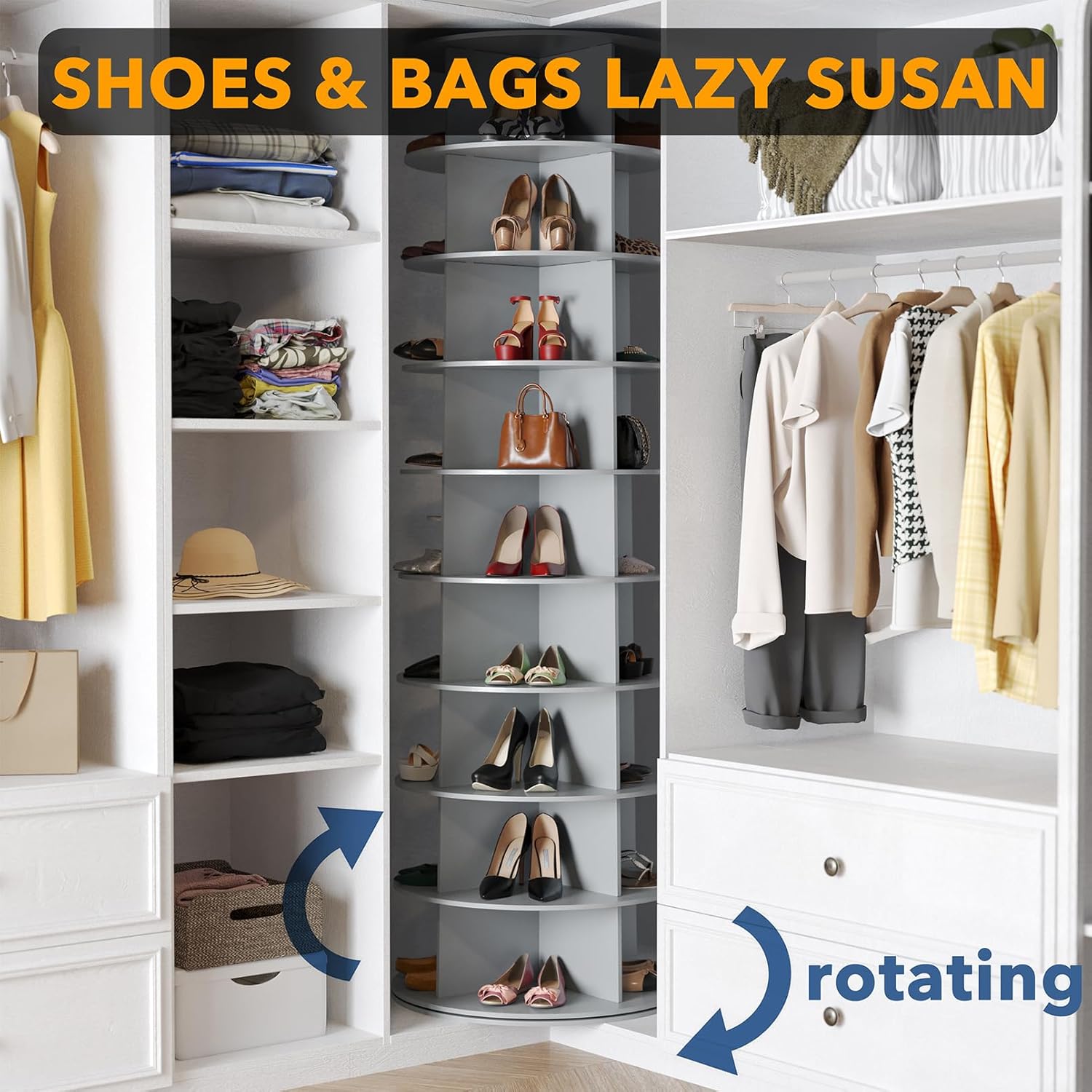 SpaceAid 9 Tier Rotating Shoe Rack Tower, Spinning Shoe Display Lazy Susan, Revolving 360 Shoe Rack Storage Round Carousel, Vertical Handbag Rotate Shoes Closet Organization (9-Tier Gray)