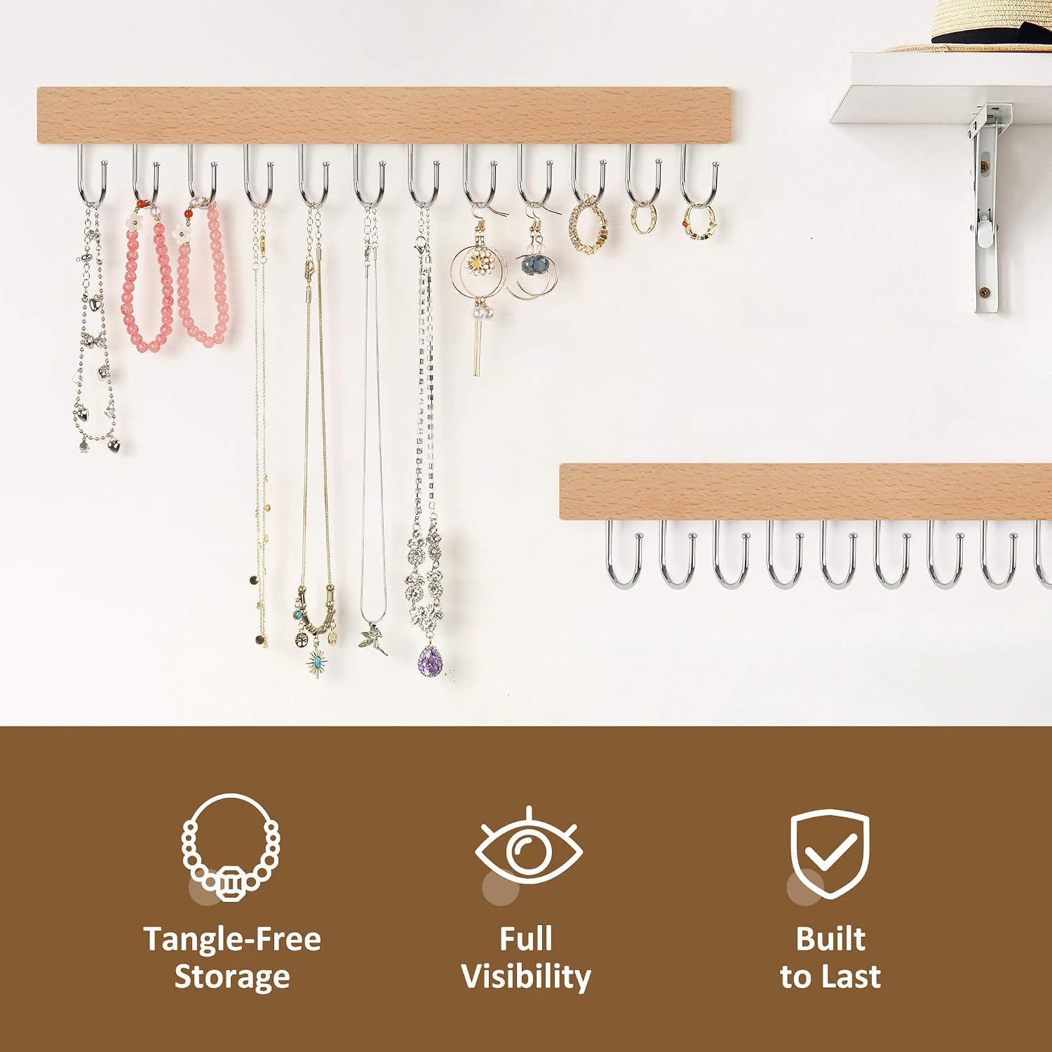 ZEDODIER 2 Pack Necklace Organizer Wall Mount, Wooden Jewelry Hanger Necklace Holder with 24 Hooks,Hanging Jewelry Organizer, Natural