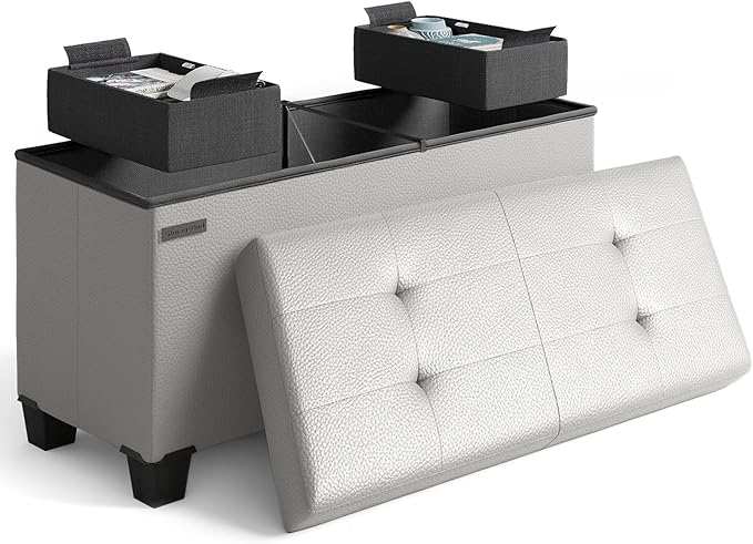STORAGEBUD Storage Ottoman Bench with Bins, 30-in Storage Bench for Bedroom End of Bed, Folding Foot Rest Ottoman for Living Room Max 660lbs, Faux Leather Ottomans, Light Grey