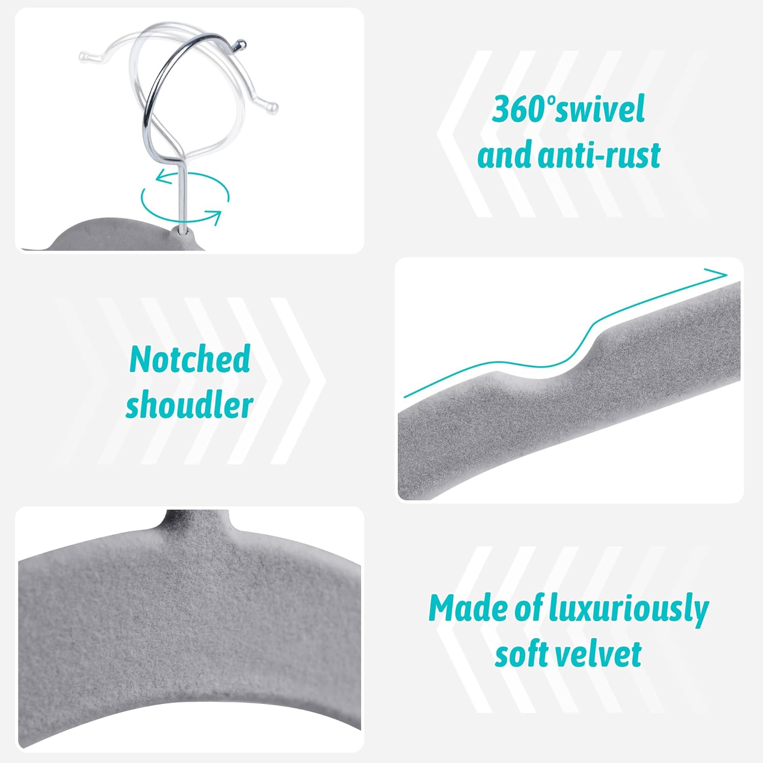 Premium Velvet Shirt Hangers 30 Pack, Space-Saving Non-Slip Felt Hanger with 360° Swivel Hook, Slim Flocked Hangers for Strappy Dresses, Blouses, Tank Tops(Grey)