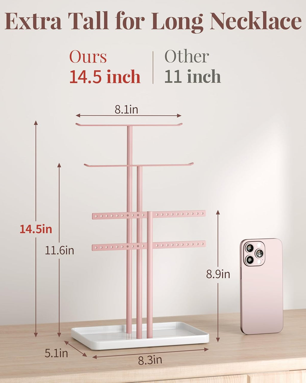pickpiff Jewelry Stand Holder Organizer: 14.5" Sturdy Hanger for 80 Pcs Jewelry, Pink Jewlery Tower for Display Necklace, Earring, Bracelet, Watch