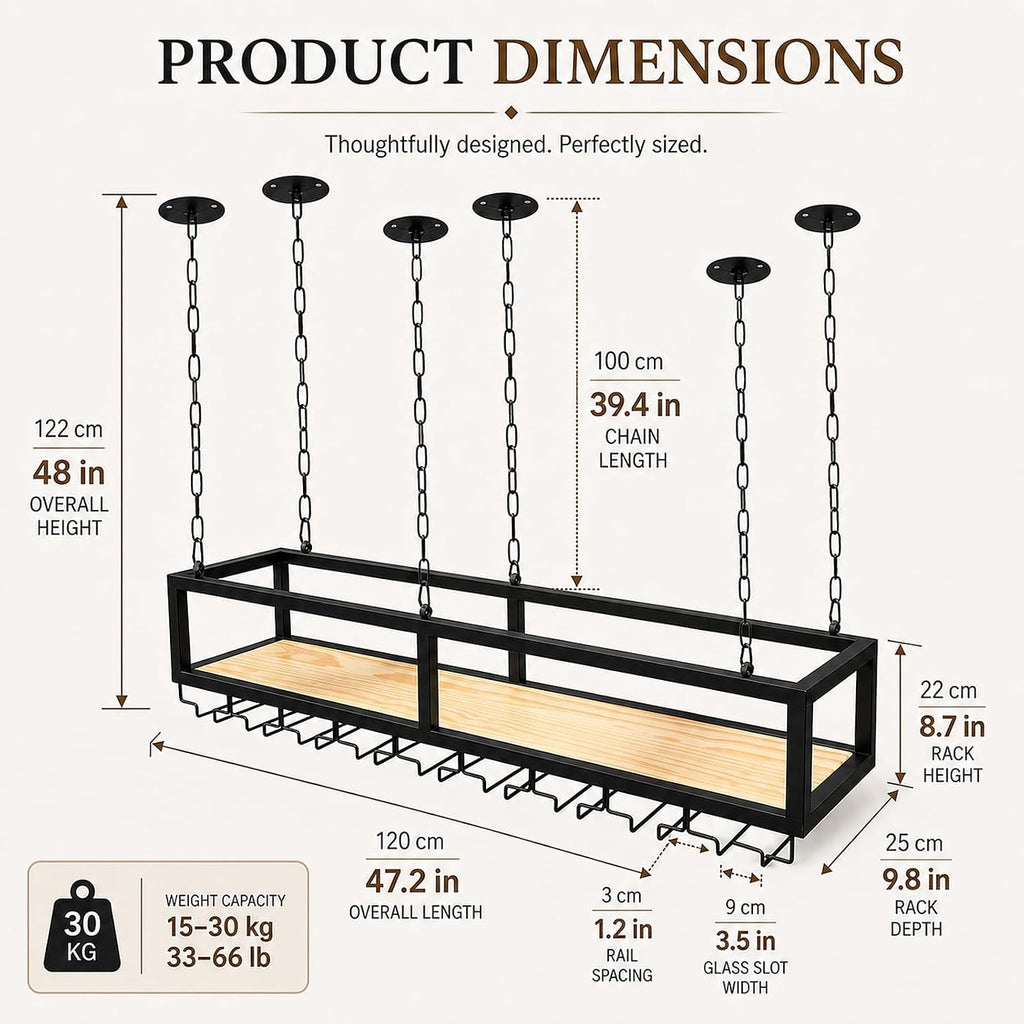 Ceiling Wine Glass Rack - Hanging Wine Rack with Glass Holder and Shelf, Height Adjustable Industrial Hanging Wine Bottle Holder, Black Metal Ceiling Shelf for Bar Cafe Kitchen (47.2×9.8×8.6in)