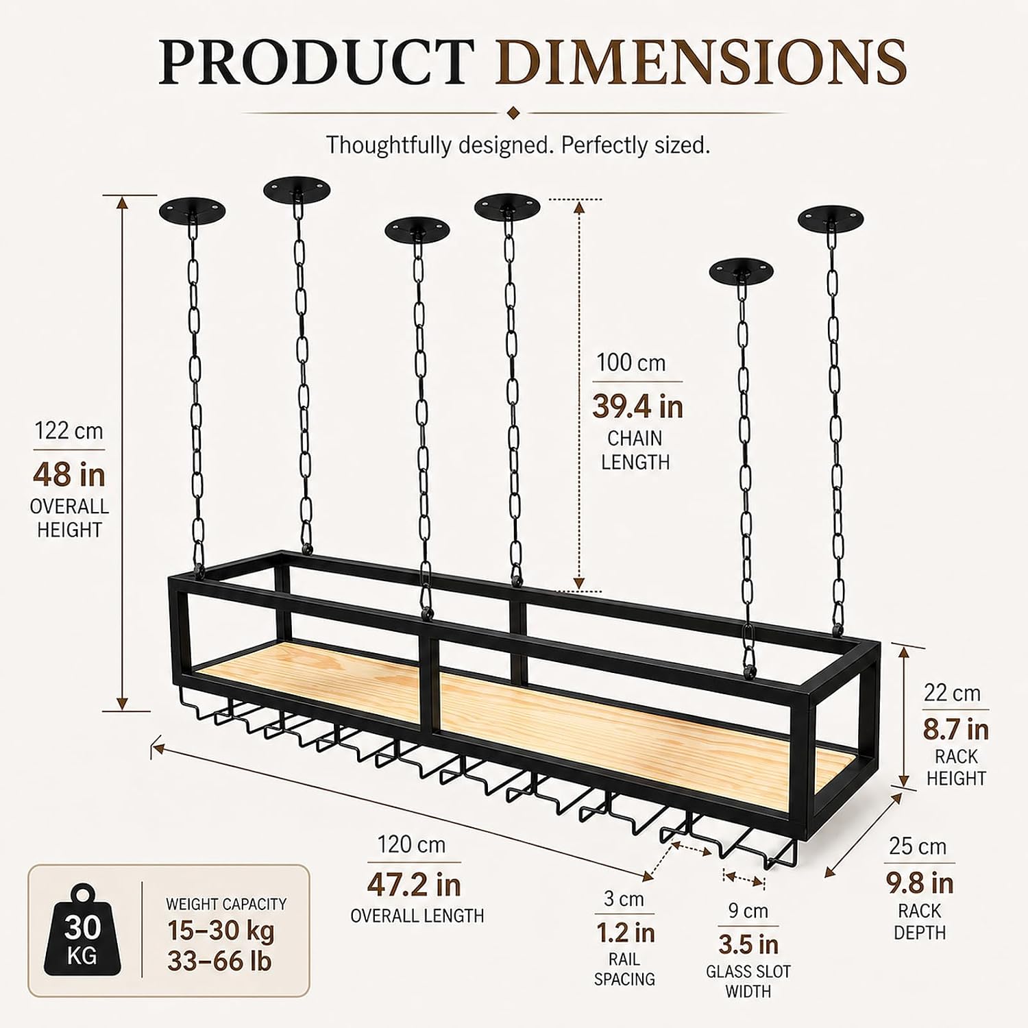 Ceiling Wine Glass Rack - Hanging Wine Rack with Glass Holder and Shelf, Height Adjustable Industrial Hanging Wine Bottle Holder, Black Metal Ceiling Shelf for Bar Cafe Kitchen (47.2×9.8×8.6in)