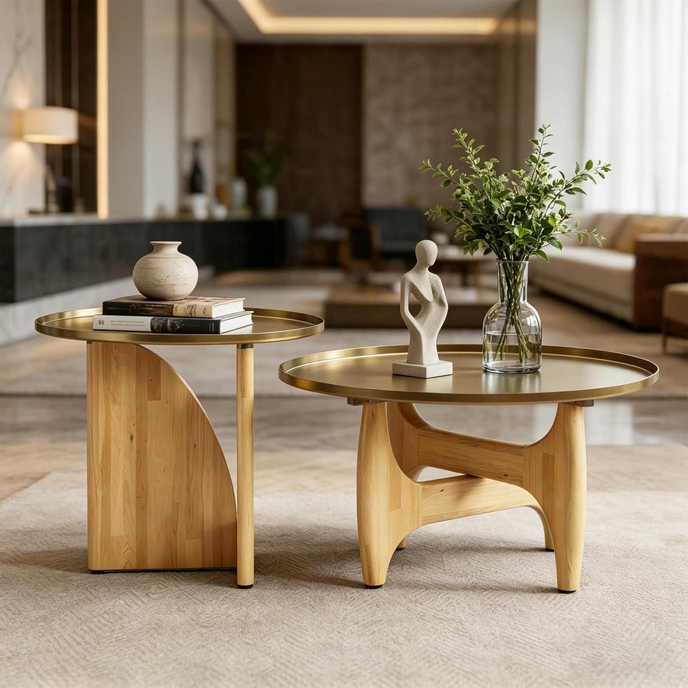 Gold End Tables Set of 3, Round Side Tables, Sofa Table with Wood Legs and Ra...