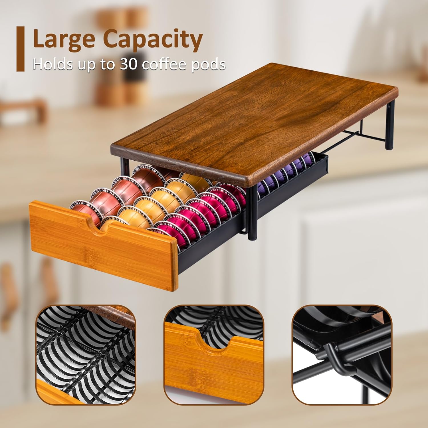 Vertuo Capsule Holder Drawer for Nespresso With Elegant Wood Top (30 Pods)
