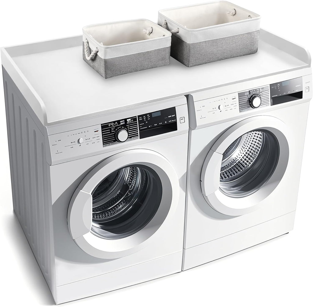 Washer Dryer Countertop with 2 Pack Storage Baskets, Wood Washer and Dryer Countertop with Non-Slip Pads/Edge Rails for Laundry Room Storage and Organization, 27.5" W x 54" L(White)