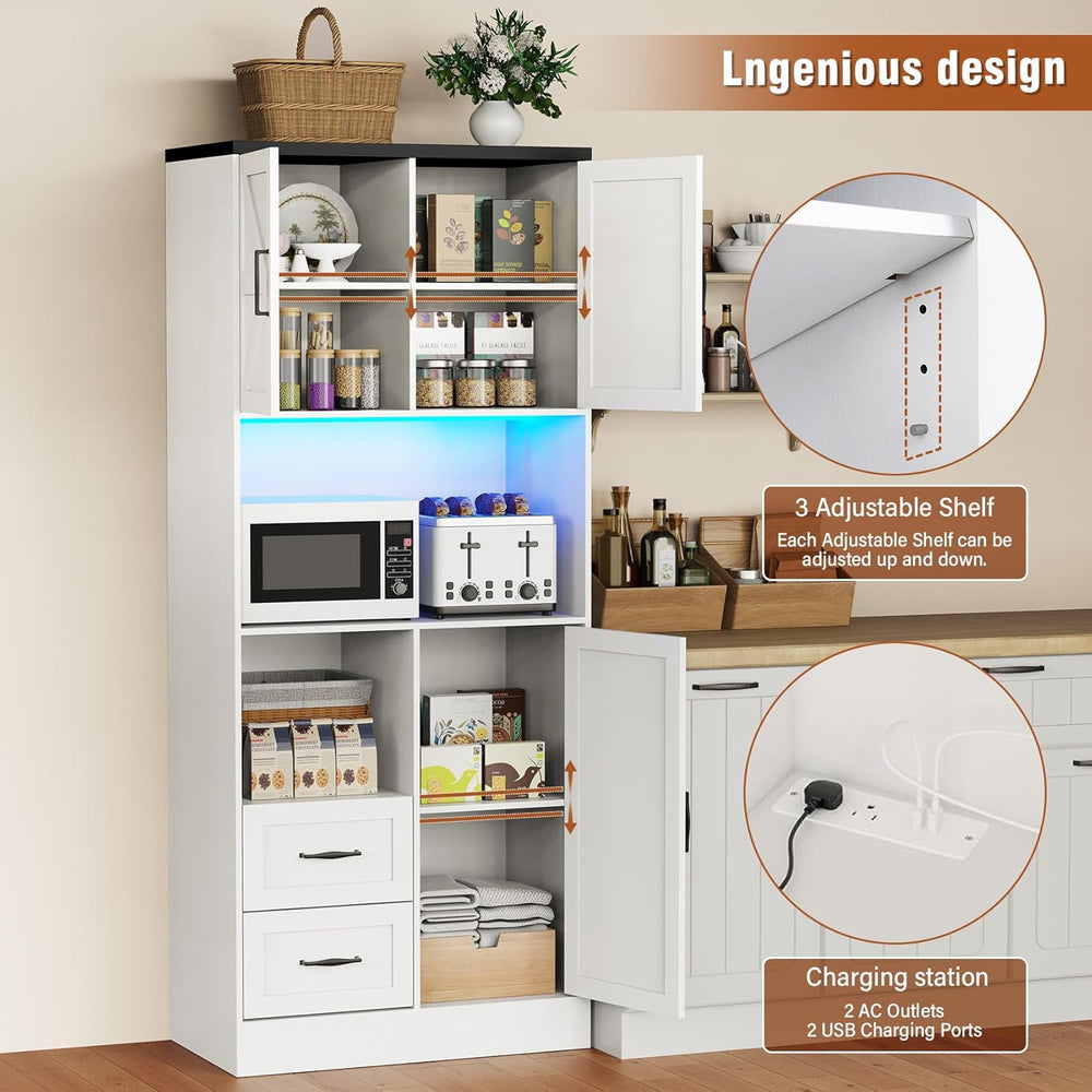 Bigbiglife Farmhouse Kitchen Pantry Cabinet with LED Lights and Power Strip, ...