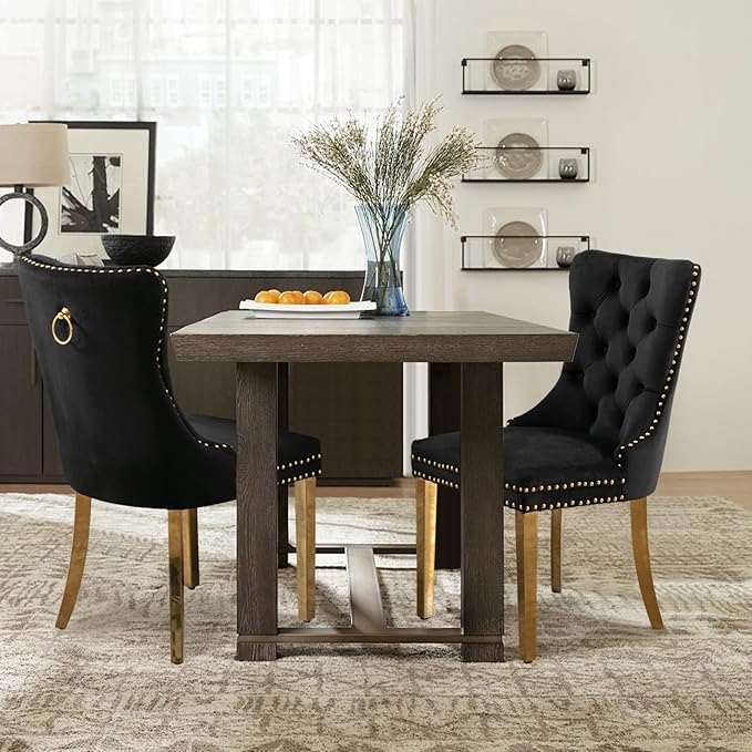 Velvet Upholstered Dining Chairs Set of 2, Modern Style Kitchen Side Chairs with Nailhead Trim and Gold Plated Leg, Metal Pulling Ring for Dining Room Living Room(Black,Set of 2)