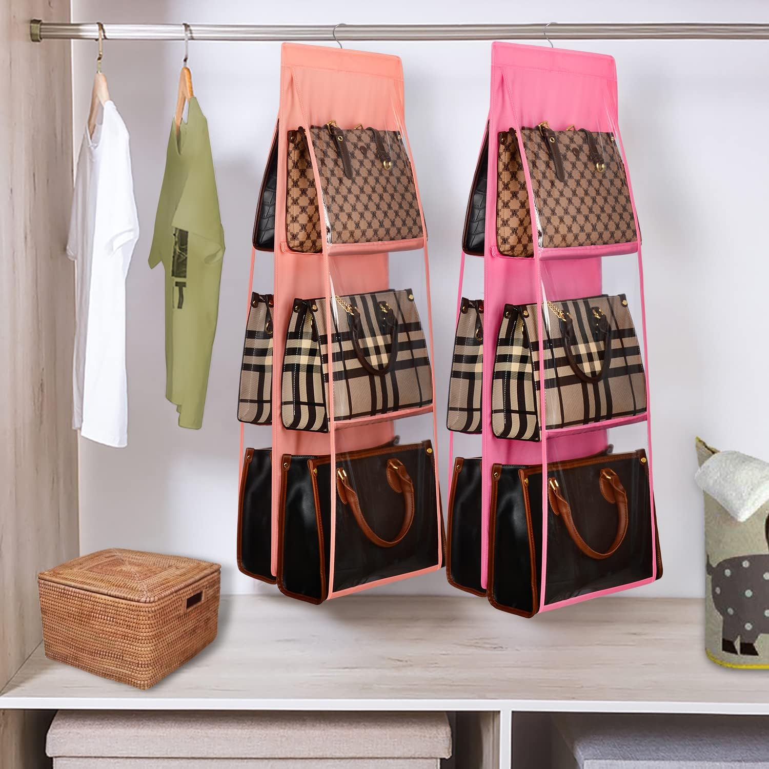 Lirex Medium and Large Handbag Hanging Purse Organizer for Closet, Handbag Storage Organizer Hanger Oxford Cloth Closet Organizer for Family Closet Bedroom, Foldable and Universal Fit, Light Pink