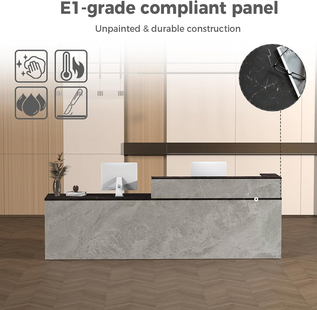 L Shape Reception Desk with Counter, Lockable Drawer, Keyboard Tray, and Double-Layer Storage for Salon, Office, or Clinic (Gray+Black/Left, 79" L*24" W*39" H)