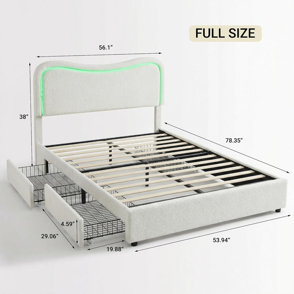 Garvee Boucle Full Bed Frame with 2 Storage Drawers and LED Lights, Beige