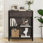 FATORRI Rustic Small Bookshelf, Industrial Wood Book Shelf with Drawer, 3 Shelf Bookcase for Small Space, Low Book case for Living Room, Home Office (Walnut Brown)