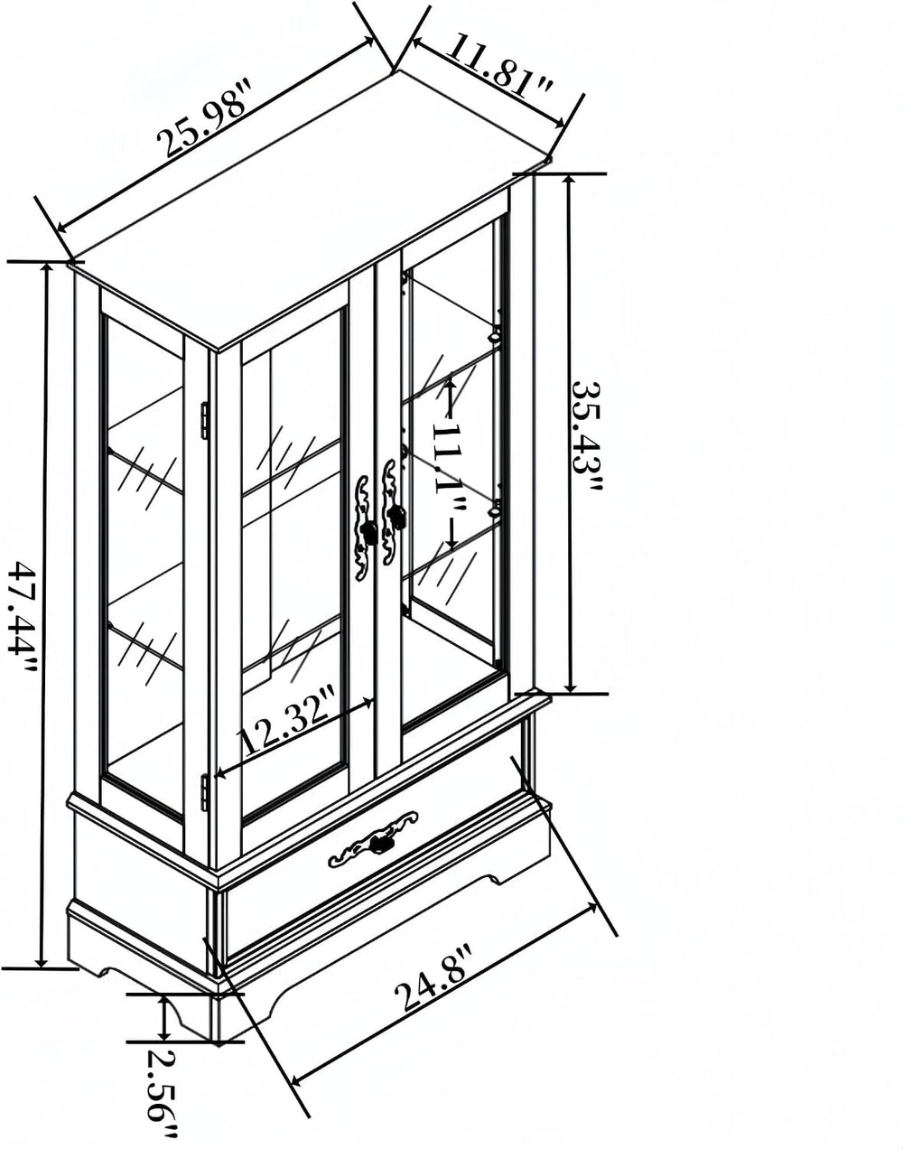 47" Lighted Glass Accent Curio Cabinet, 3-Tier Antique Storage Cage with...