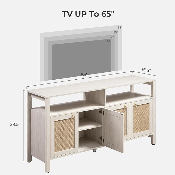 SICOTAS Rattan TV Stand for Television up to 120" - Large Entertainment Center with Storage and Open Shelves, Boho Media TV Console Cabinet with Doors and Adjustable Shelf for Living Room