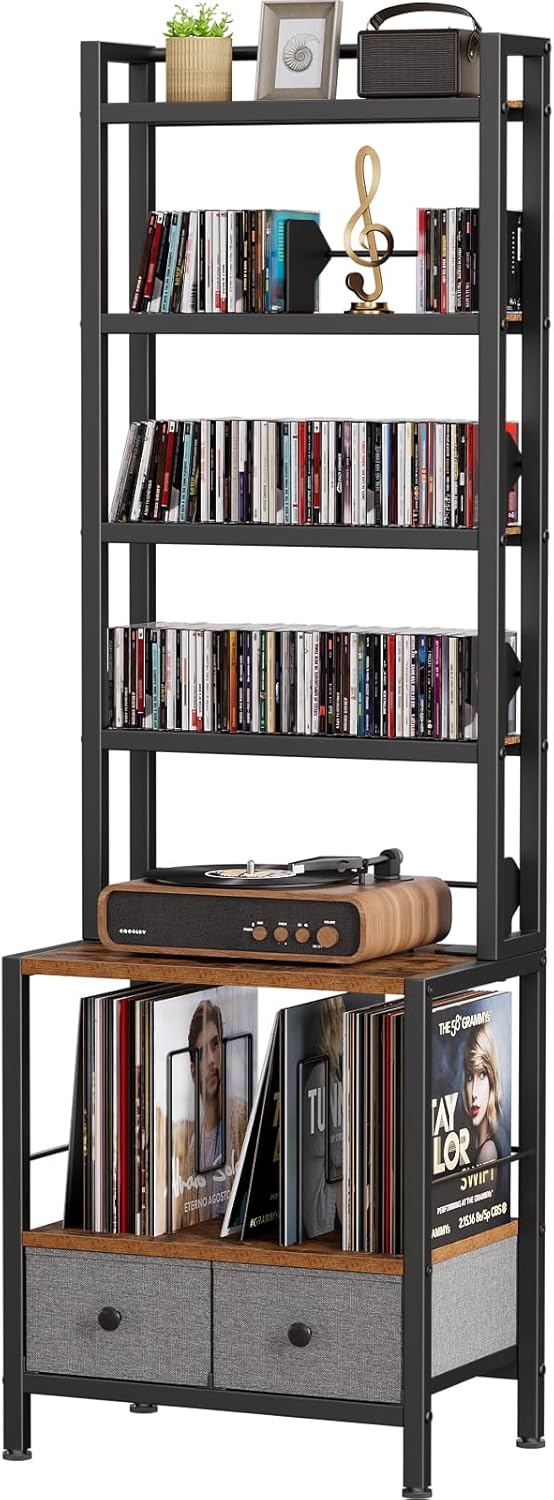 DVD Storage Vinyl Record Storage Rack, 6-Tier CD Rack Tower with Drawers for ...