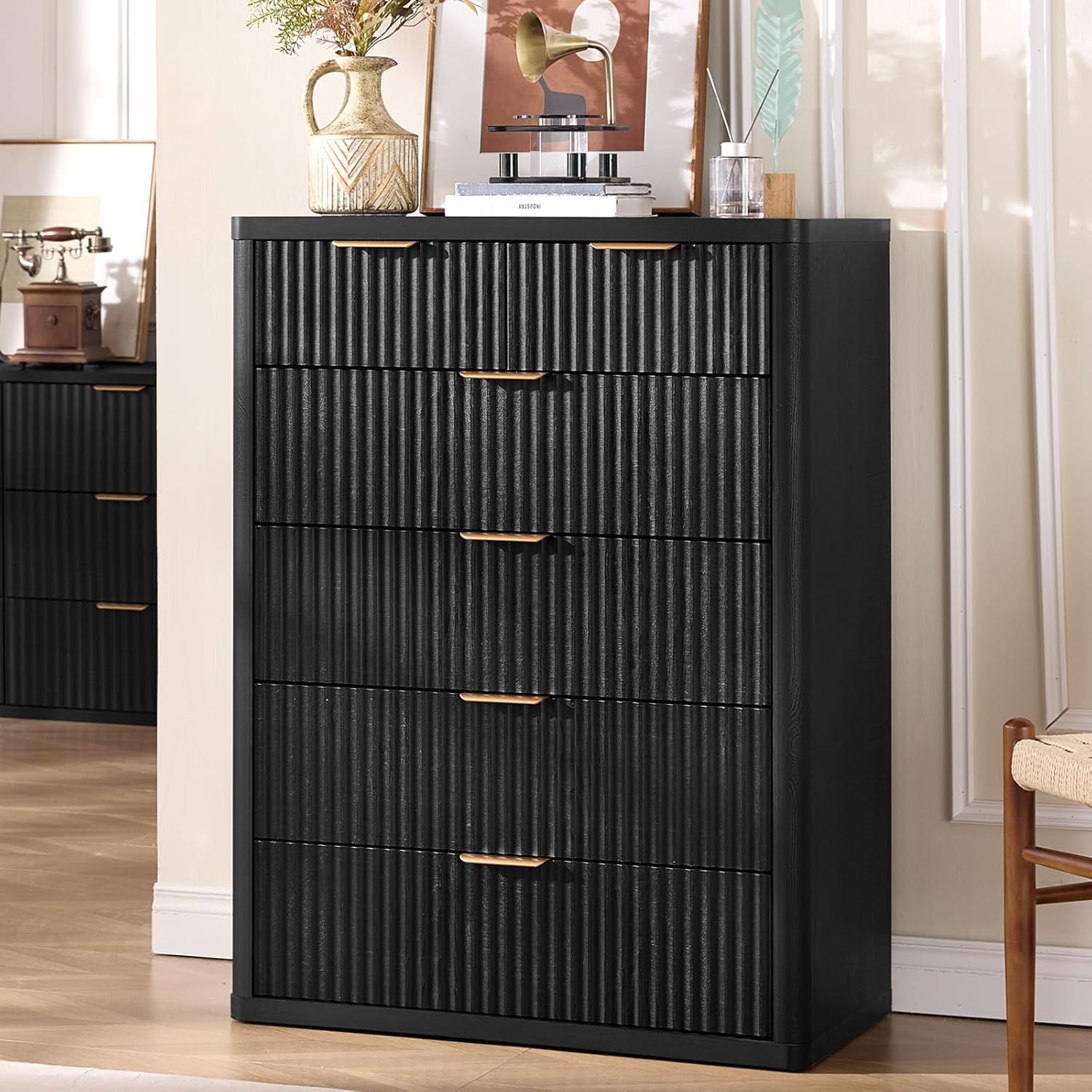 LEYAOYAO Fluted 6 Drawers Dresser for Bedroom Set of 2, 42" Tall Modern Chest of Drawers with Metal Handle, Curved Profile Design,Black Wood Drawer Organizer for Bedroom, Living Room, Hallway