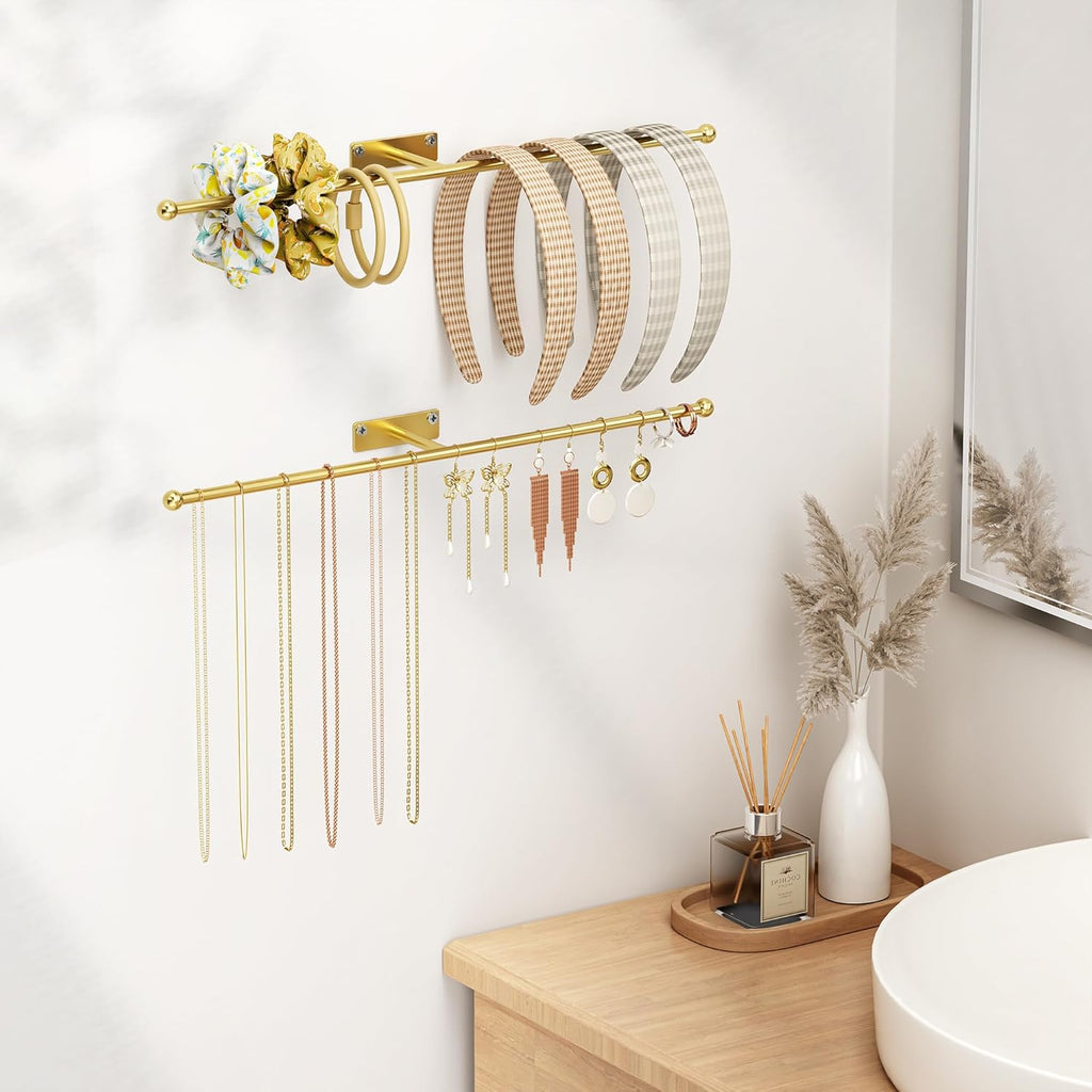 Wall Hanging Jewelry Organizer: 12.6'' Necklace Holder for Earring, Bracelet, Rings, Hairband, Glasses, Gold 2-Pack, Screws Included