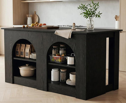 LITTLE TREE 55” Kitchen Island with Seating and Storage, Modern Black Wood Stationary Island Table with Large Worktop, 3-Tier Open Shelves & Leg Room, Wood Coffee Bar Station with Arched Shelves