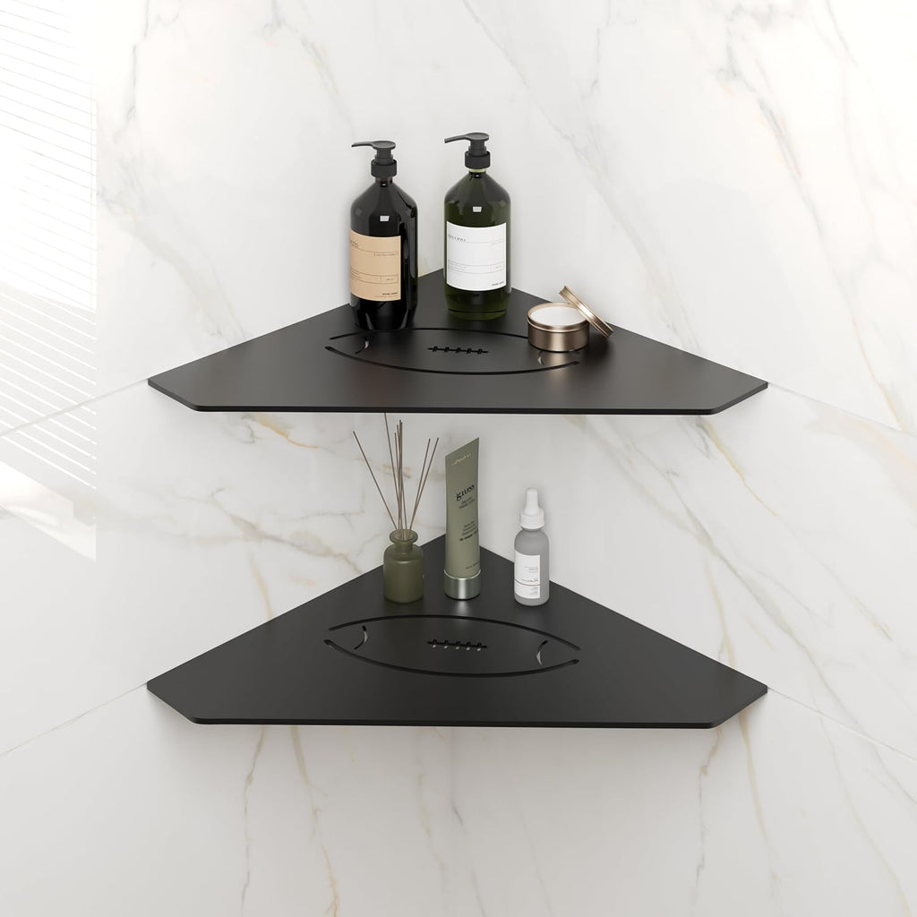 FerdY 2-Pack 10" Matte Black Recessed Corner Shower Shelf, for Tiled Bathroom Walls, Floating Shelf, 304 Stainless Steel Shower Caddy Storage Shelves, No Drilling Required, Rugby Diamond