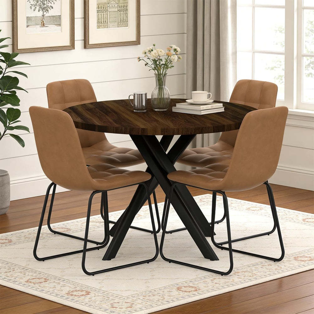 44" Round Dining Table Set for 4, Modern X-Shaped Metal Leg Table | Cush...