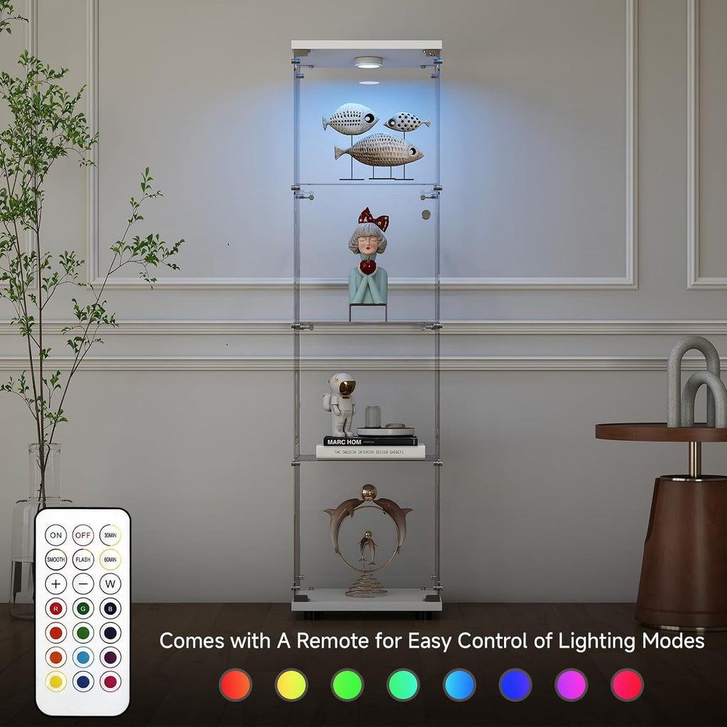 Tempered Glass Display Cabinet with Lights, 4-Tier Curio Cabinet with Glass Doors and Lock, Glass Display Case for Collectibles, for Living Room, Bedroom, Office, White, Single Door