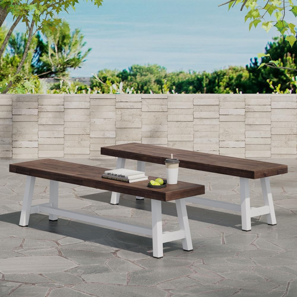 Saiveina Outdoor Carlisle Benches, Sandblasted Dark Brown + White(Set of 2)