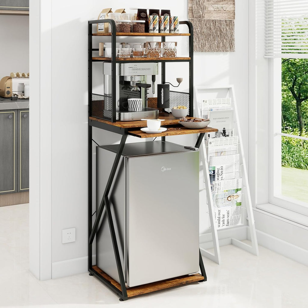 PUNCIA 4-Tier Mini Fridge Stand with Outlet, Coffee Bar Organizer, Retro | Coffee Station with Fridge Space, Tall Refrigerator Cabinet & Microwave Shelf Bakers Rack for Kitchen Dorm Pantry Apartment