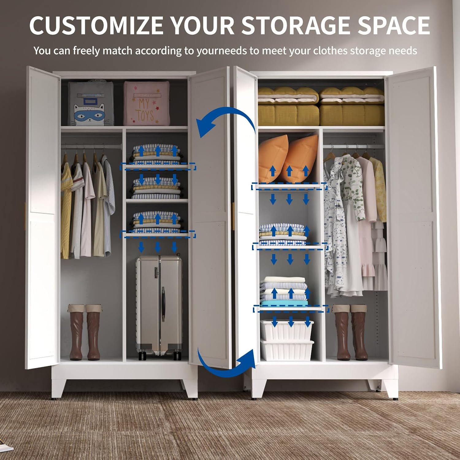 Metal Armoire Wardrobe Closet, 71" Clothing Storage Cabinets with 2 Doors & 3 Adjustable Shelves, White Wardrobe Cabinet with Hanging Rod for Bedroom, Gym