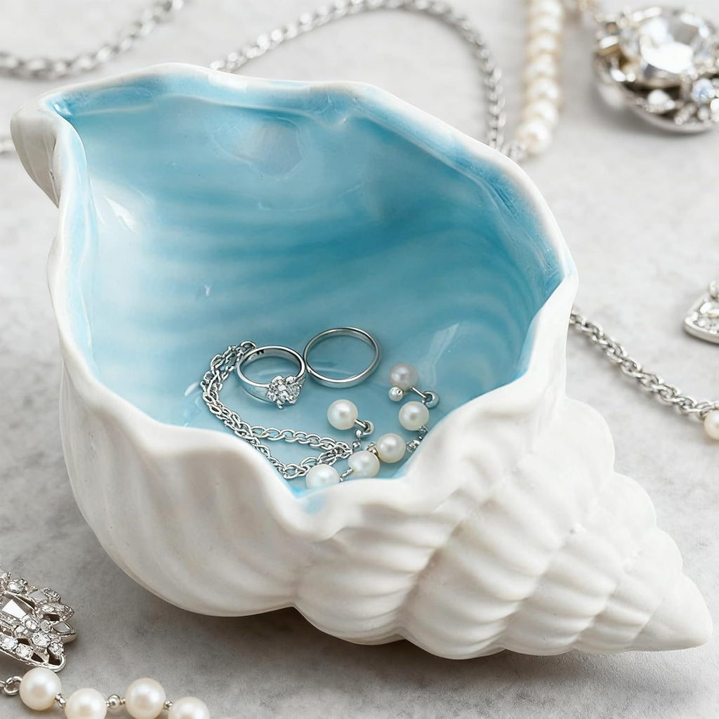 7.7" x 4.7" x 3.5" Large Conch Jewelry Dish Tray SeaConch Bowl Ceramic Conch Ring Holder Decorative Trays Cute Jewelry Organize Key Storage Tray for Home Decor Porcelain Jewelry Deco