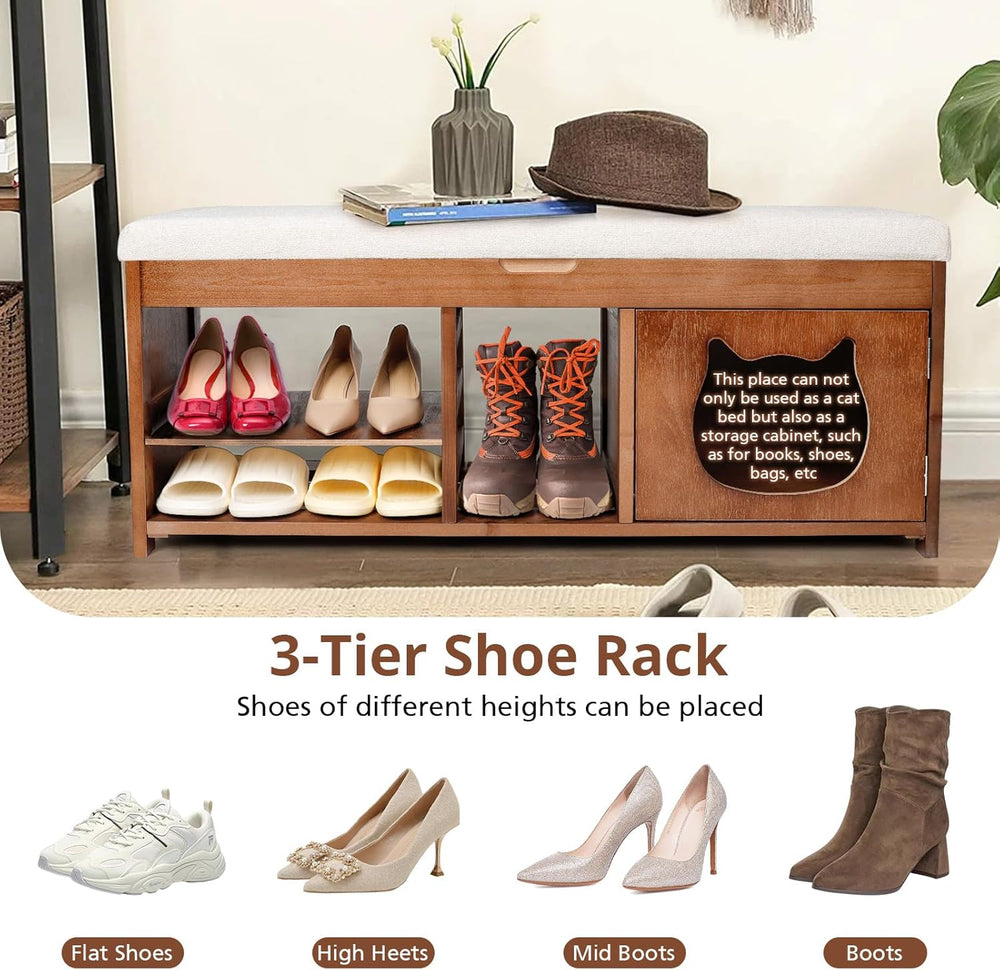 Shoe Bench with Cat Cabinet and Hidden Drawer, 2 Tier Entryway Bench with Sto...