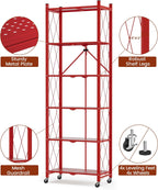 ALANNG 73.6 Inch Folding Bookshelf, 6 Tier Metal Bookcase and Bookshelves | Tall Shelves for Living Room Office Bedroom, Heavy Duty Book Shelve Free Standing Open (Red, 1PACK)