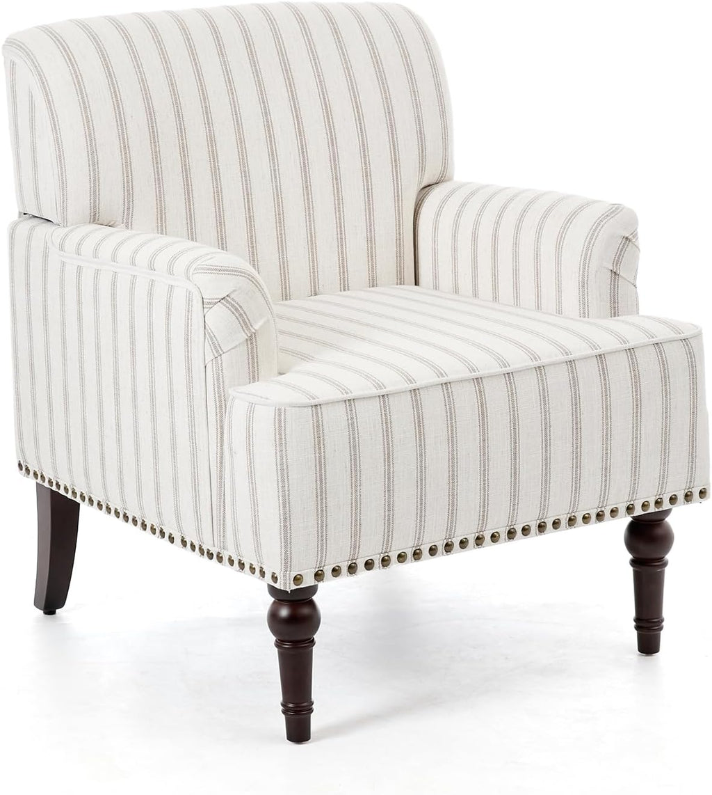 Stripe Accent Chairs Set of 2, Fabric Upholstered Armchair for Living Room, Nailhead Trim Club Arm Chair Comfy Single Sofa Bedroom Reading Seat with Wood Legs - Pinstripe Light Brown