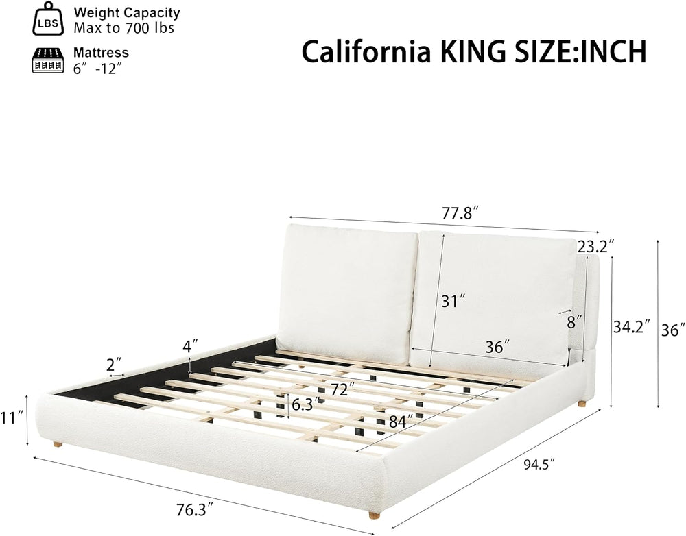 DNYN California King Size Boucle Platform Bed with 2 Removable Pillows for Be...