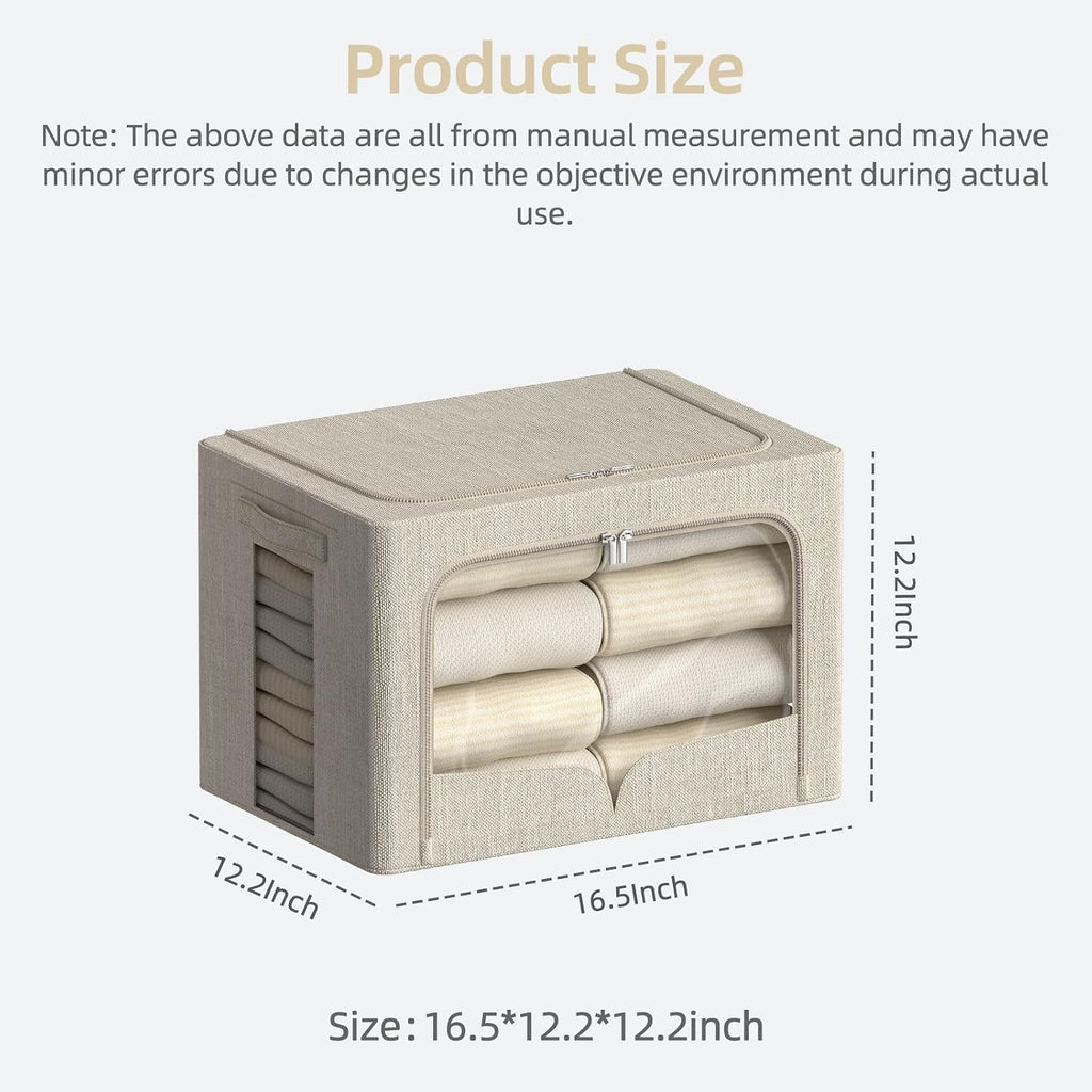 FHSQX 3 Pack Clothes Storage Bins - Foldable Metal Frame Storage Box - Stackable Linen Fabric Container Organizer Set with Carrying Handles and Clear Window (Beige, 16.5x12.2x12.2inch(40L))