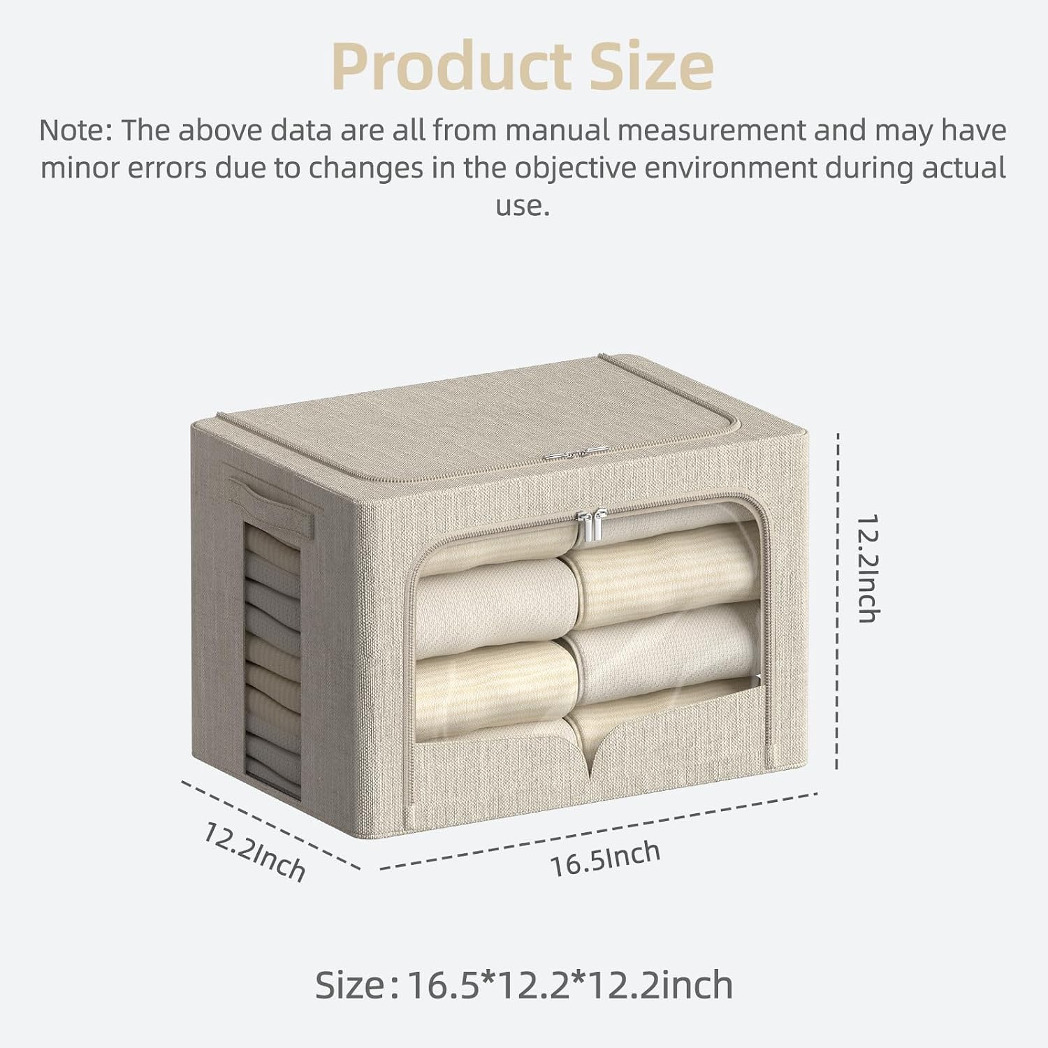 FHSQX 3 Pack Clothes Storage Bins - Foldable Metal Frame Storage Box - Stackable Linen Fabric Container Organizer Set with Carrying Handles and Clear Window (Beige, 16.5x12.2x12.2inch(40L))